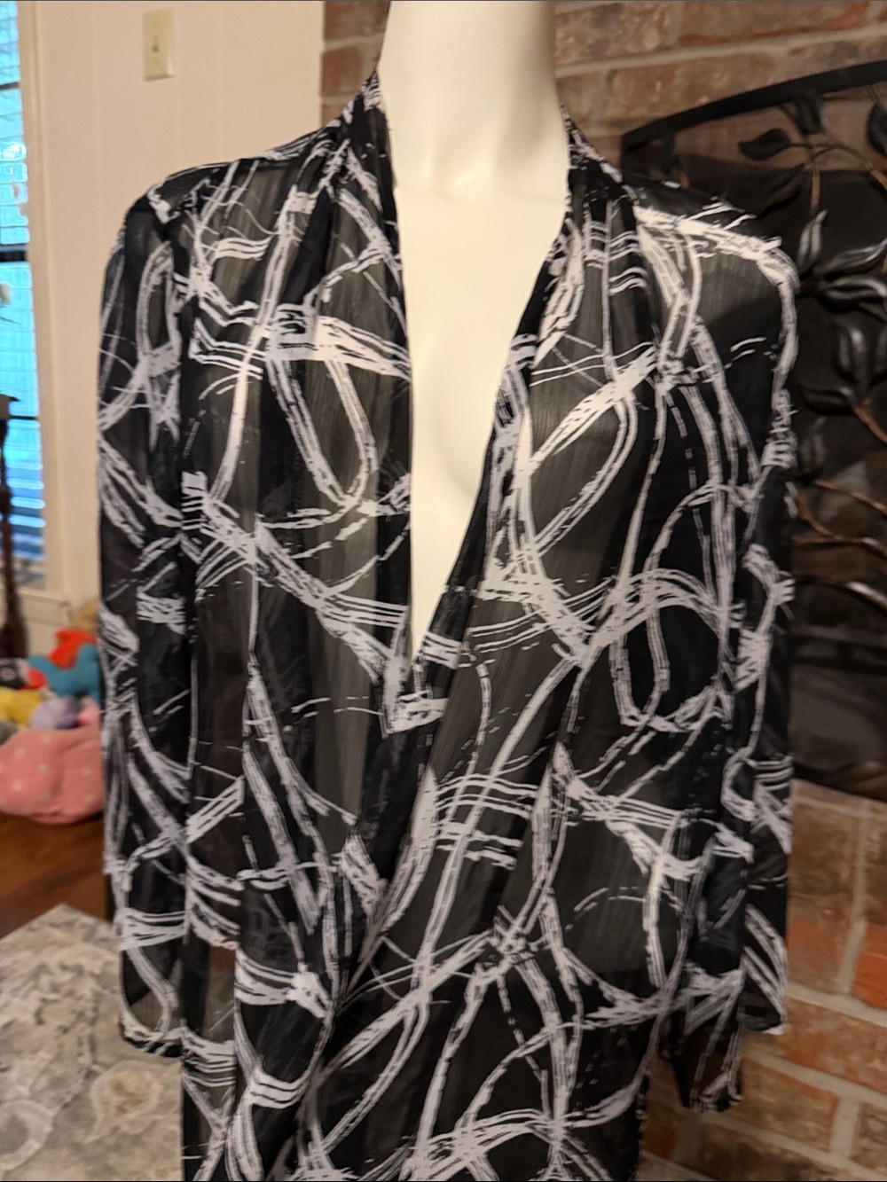 JM Collection Black White Abstract Sheer Open Front Jacket Cardigan Topper